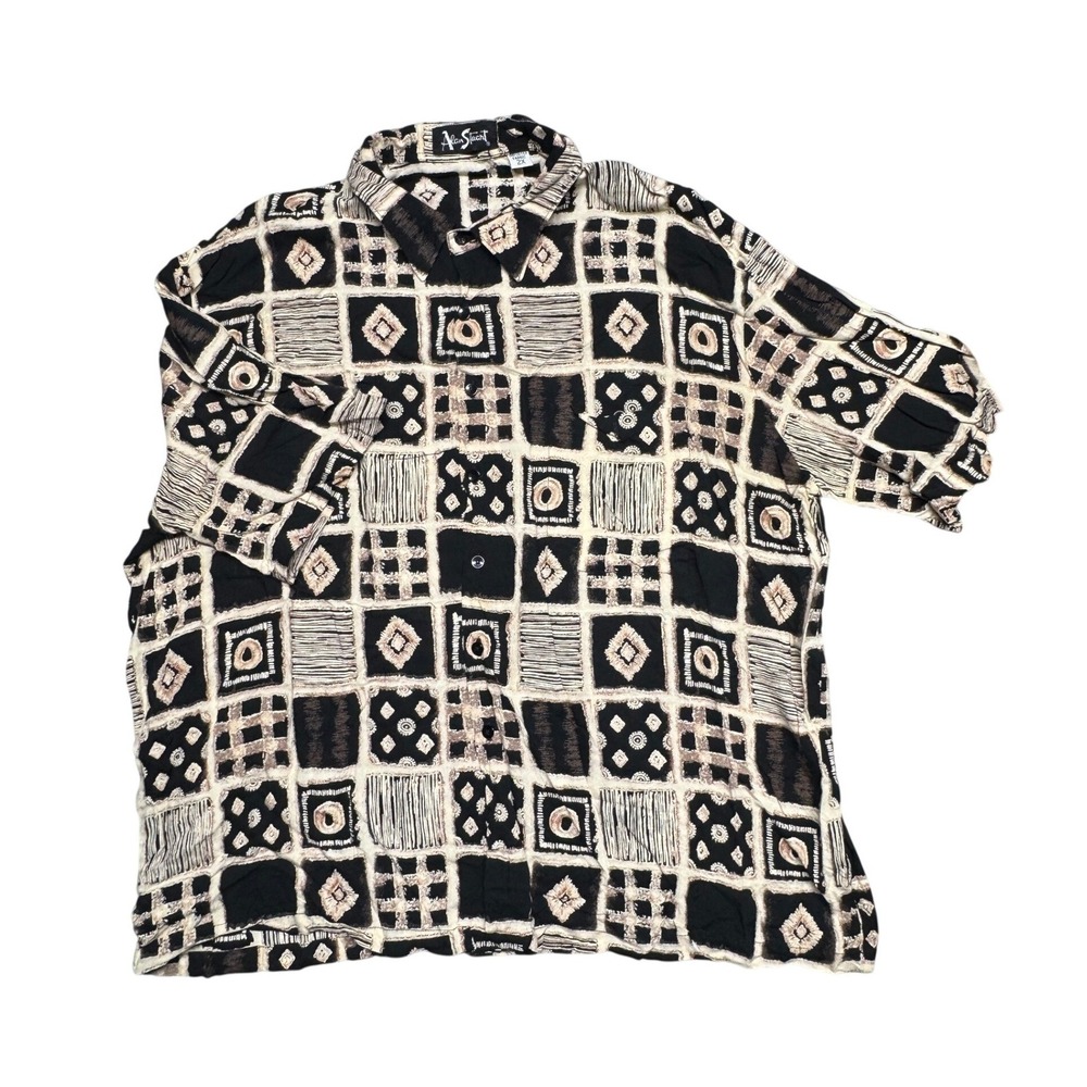 Alan Stuart Vintage 80s Geometric Tribal Print Rayon Button Down Shirt Mens 2X